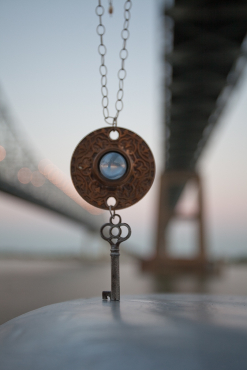 Antique Bronze Rosette Necklace with Sterling Silver, Skeleton Key, Blue Marble by Brandi Couvillion | Antique Bronze Rosette, Sterling Silver, Marble, Skeleton Key Antique Bronze Rosette Necklace with Sterling Silver, Skeleton Key, Blue Marble